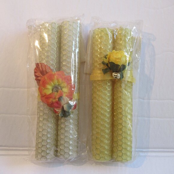 2 Pair, 6" Bees Wax Candles, Decorated, Yellow w/ Gold Glitter, Hand rolled... - Picture 1 of 3